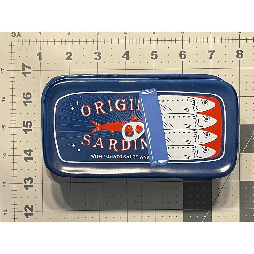 Ceramic Sardine Tin Butter Dish Blue Novelty Whimsical Kitchen Storage
